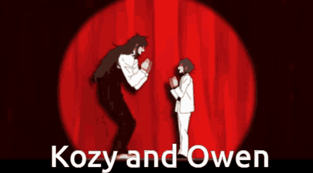 kozy and owen are dancing on a stage with a red curtain in the background