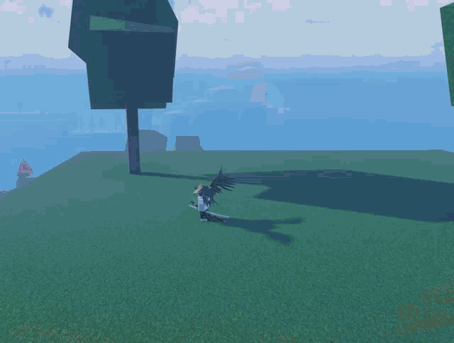 a computer generated image of a person with wings standing in a field