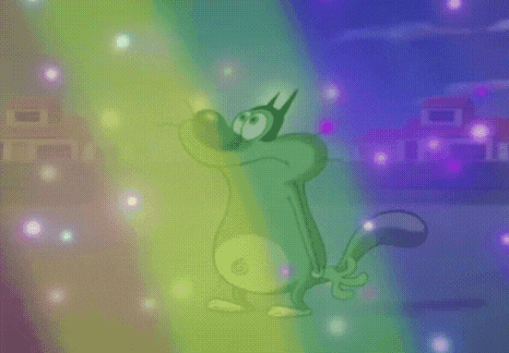 a cartoon rabbit is surrounded by a rainbow of lights and a house in the background .