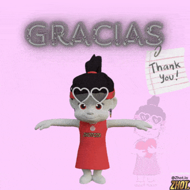 a cartoon girl wearing a headband that says gracias and thank you