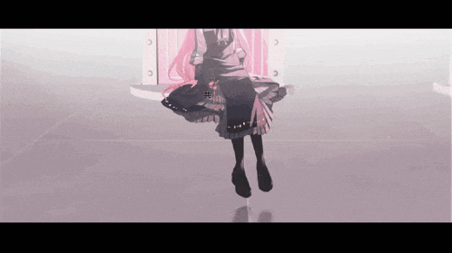 a girl with pink hair is standing in front of a door