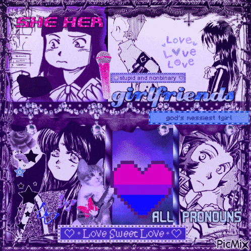 a collage of anime characters with the words she her girlfriends all pronouns at the bottom