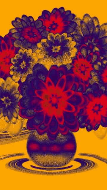 a vase filled with red and purple flowers on a yellow background .