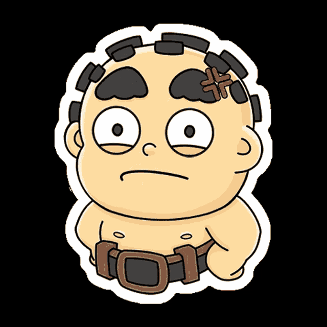 a cartoon character with a belt around his waist has an angry expression on his face