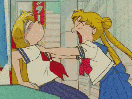 a cartoon of two girls fighting each other .