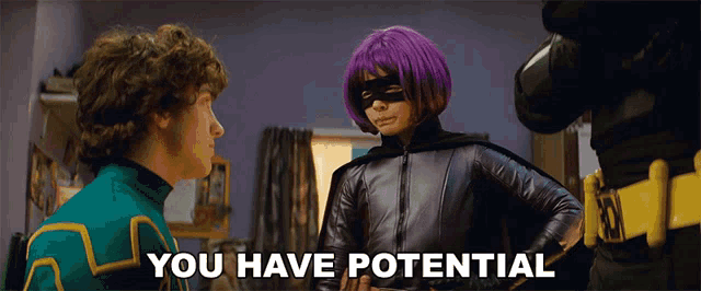a woman in a purple wig is standing next to a man who says you have potential