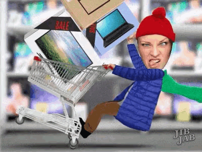 a woman in a red hat is pushing a shopping cart with boxes on top of it and a sale sign in the background