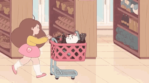 a girl is pushing a shopping cart with a cat in it .