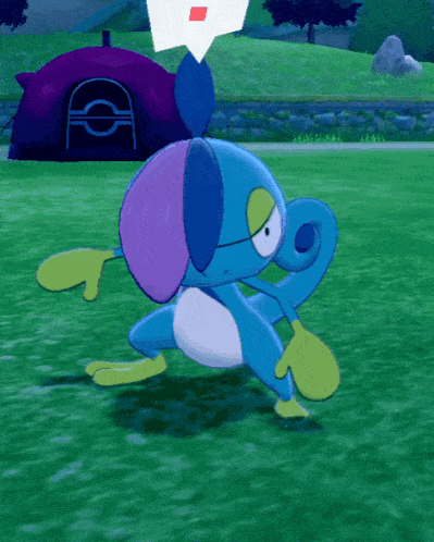 a cartoon character is standing in the grass with a purple house in the background