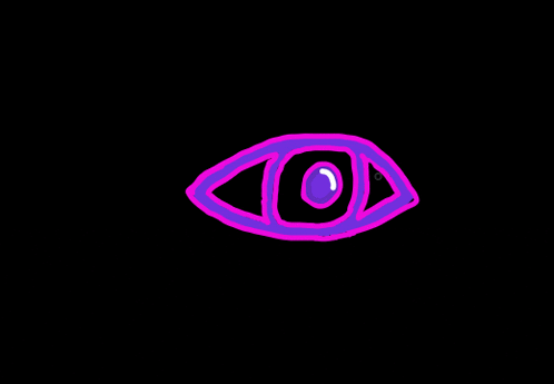 a drawing of a purple and pink eye with a black background
