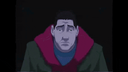a cartoon of a man with a sad look on his face and a purple collar .