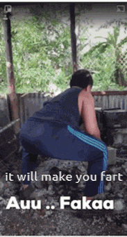a man squatting down with the words " it will make you fart "