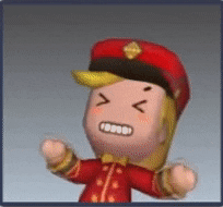 a cartoon character is wearing a red uniform and a red hat .