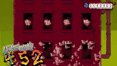 a video game screen shows a building with a score of 52