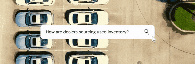 an aerial view of cars in a parking lot with a search bar that says how are dealers sourcing used inventory