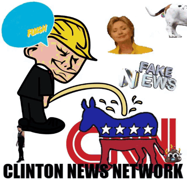 a cartoon of a man pissing on a donkey that says fake news on it