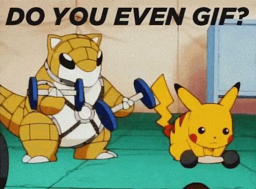 a cartoon of pikachu lifting dumbbells next to another cartoon character with the words do you even gif