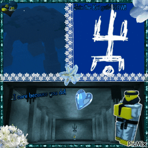a picture of a video game with the words " i care because you do " on it