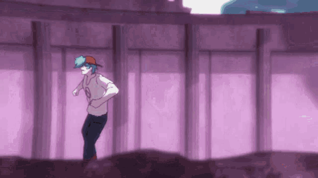 a person with blue hair is running in front of a purple wall .