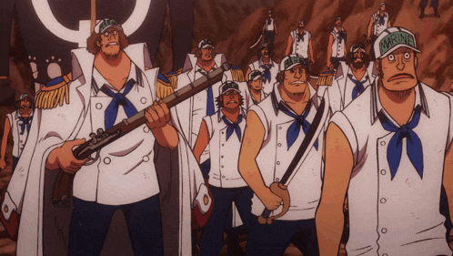 a group of men wearing white shirts and blue hats with marine on them