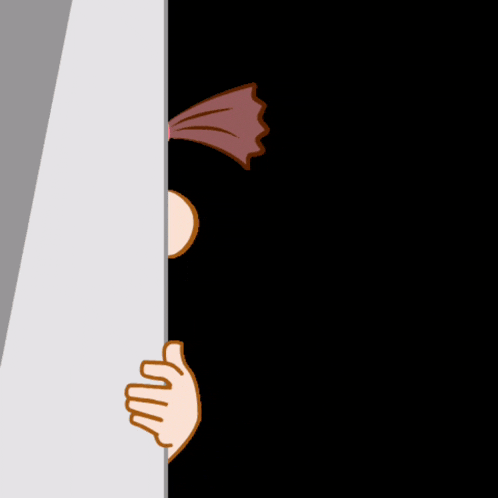a cartoon of a girl peeking out from behind a wall with haaaiiii written on it