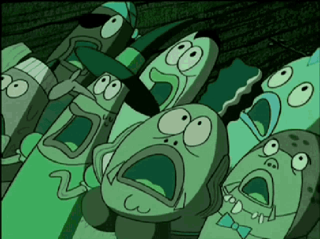 a group of cartoon characters with their mouths open and their eyes closed