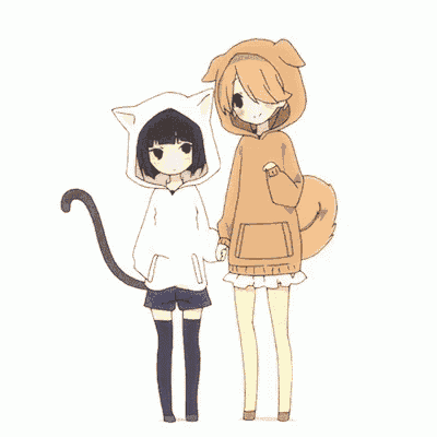 two anime girls standing next to each other wearing hoodies
