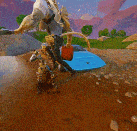 a video game character is standing next to a blue car in the dirt