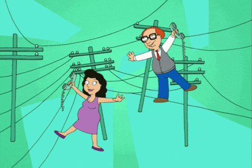 a cartoon of a man and a pregnant woman hanging on power lines