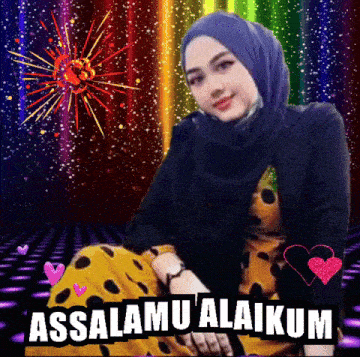 a woman in a hijab is sitting in front of a colorful background with the words assalamu ' alaikum on it