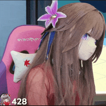 a girl with a flower in her hair is sitting in a pink chair with the number 428 on the bottom