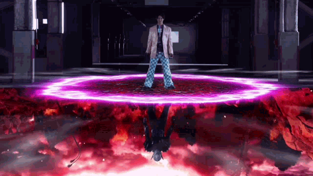 a man in a suit stands in a circle of fire