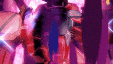 a red robot with a purple background and a shield