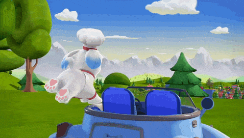 a cartoon character is jumping out of a car with mountains in the background