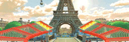 a pixel art of the eiffel tower with a rainbow in the background