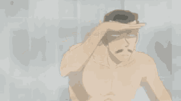 a shirtless man with a mustache is taking a shower in a bathroom .