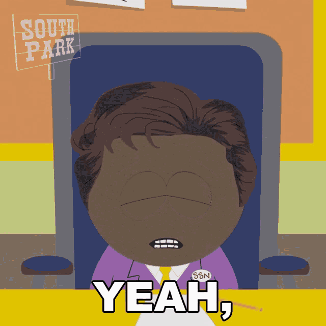 a cartoon character from south park is sitting in a chair and says yeah