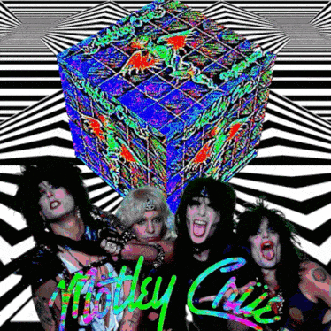 a poster of the band motley crue with a colorful cube in the background