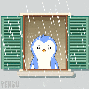 a penguin is looking out of a window in the rain with the word pengu below it
