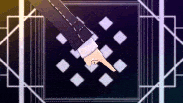 a person 's hand is pointing at a square on a purple background .