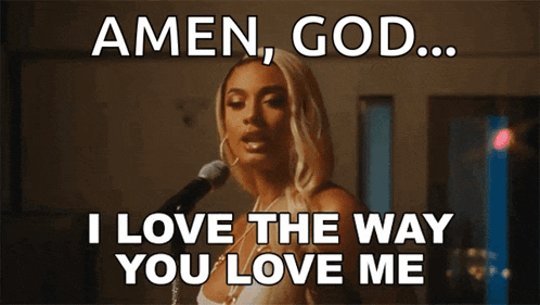 a woman singing into a microphone with the words amen god i love the way you love me on the bottom