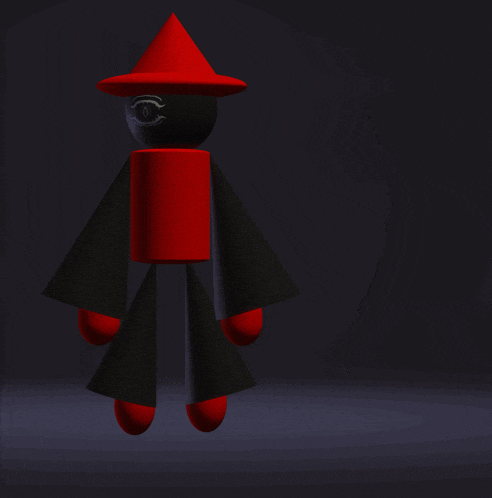 a black figure with a red hat and a black eye
