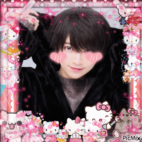 a picture of a boy surrounded by hello kitty