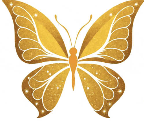 a golden butterfly with white wings and stars on it 's wings