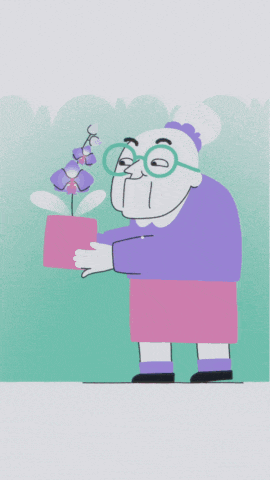 a cartoon of an elderly woman holding a potted plant with purple flowers