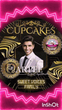 a man in a suit and tie is on a poster for cupcakes