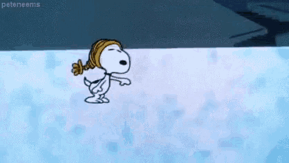 snoopy is jumping into a swimming pool with a hose in his hand .