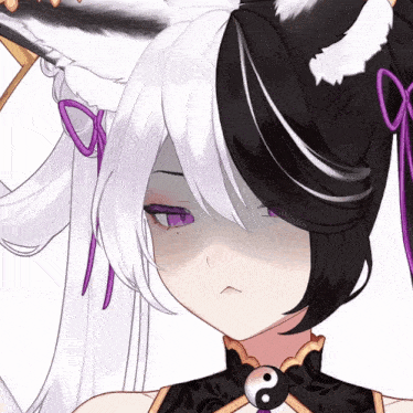 a black and white anime character with a ying yang necklace