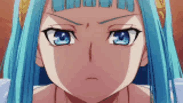 a close up of a blue haired anime girl with a serious look on her face
