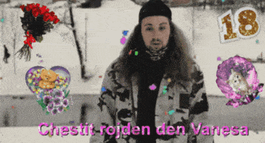 a man with long hair is standing in the snow with the words chestit roiden den vanesa above him
